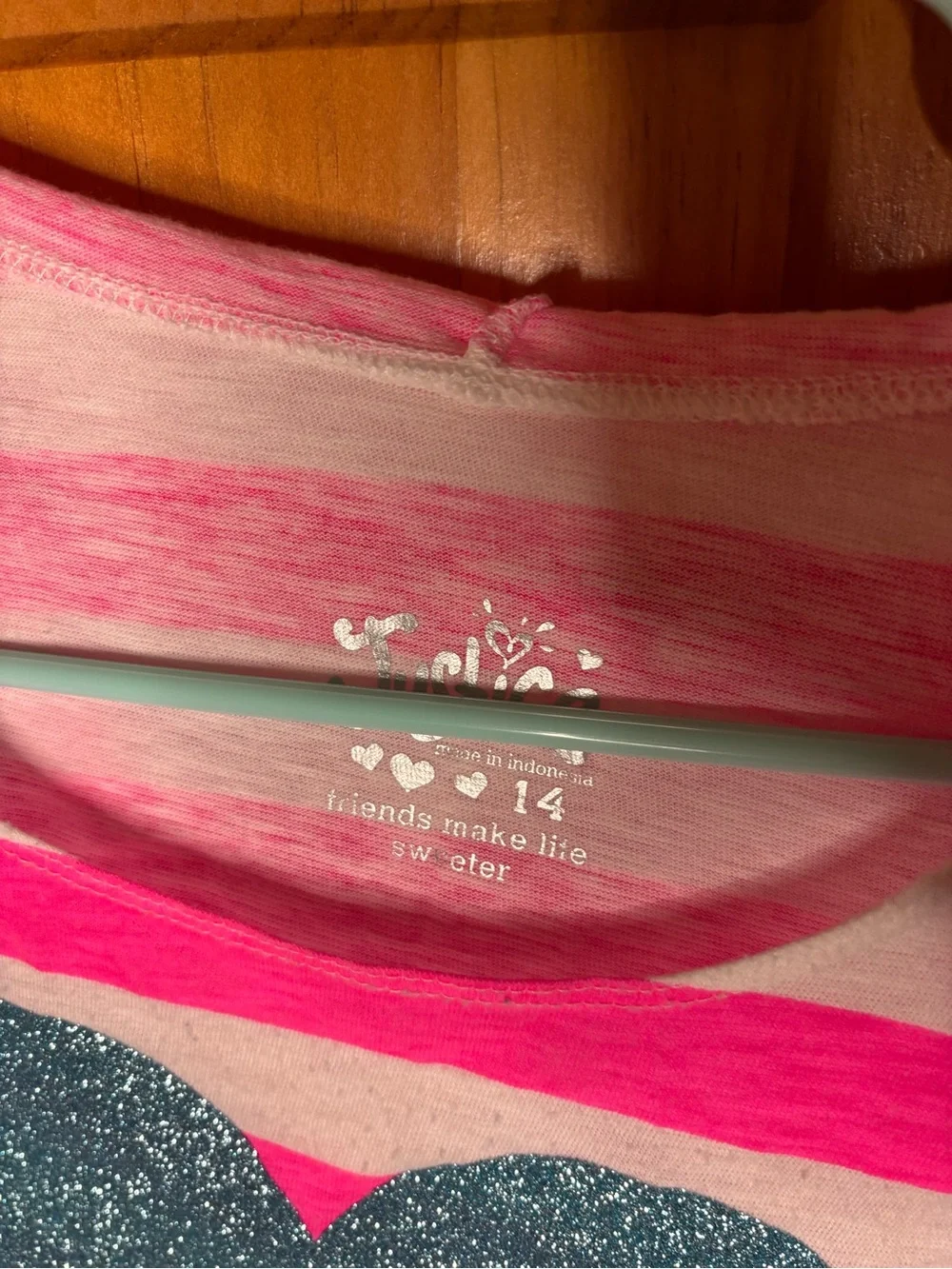 Justice Pink & White Striped Long Sleeve Tee with Teal Glitter Heart